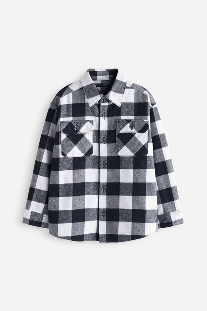Kids black-and-white plaid button-up shirt with collar, long sleeves