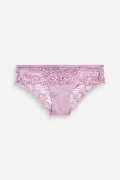 Lilac purple lace bikini underwear, flat lay view