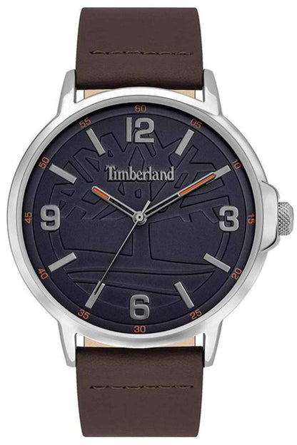 Timberland wristwatch with navy dial, silver case, and brown leather strap