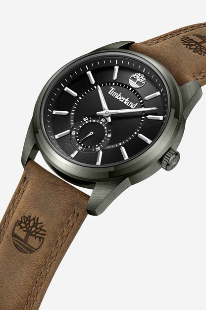 Timberland wristwatch angled view: black dial, dark case, brown leather strap