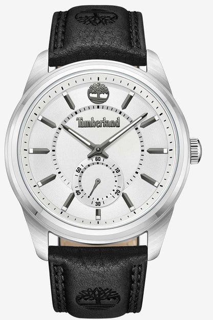 Timberland watch with silver case, white dial, and black leather strap with logo.