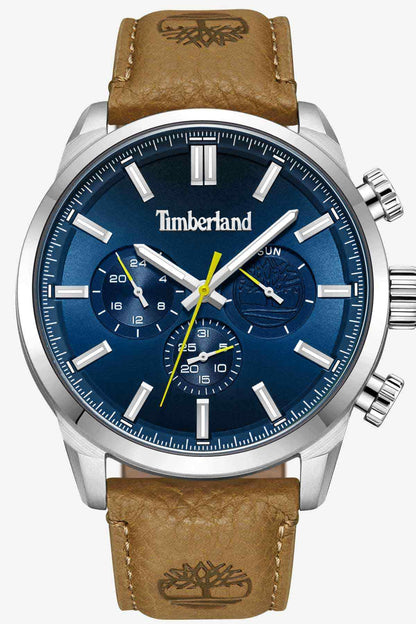 Timberland blue chronograph wristwatch with brown leather strap and steel case, three subdials