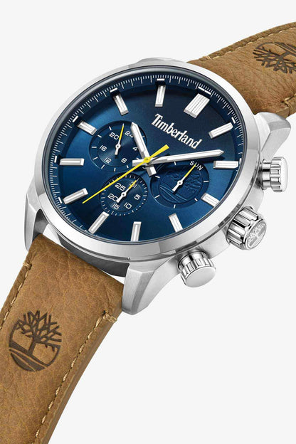 Timberland blue dial chronograph watch with brown leather strap and brushed steel bezel, pushers