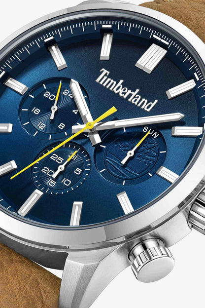 Timberland blue dial close-up chronograph watch with yellow accents, steel markers, leather strap