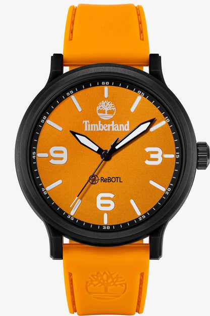 Timberland watch with orange silicone strap, black case, orange dial and luminescent markers.
