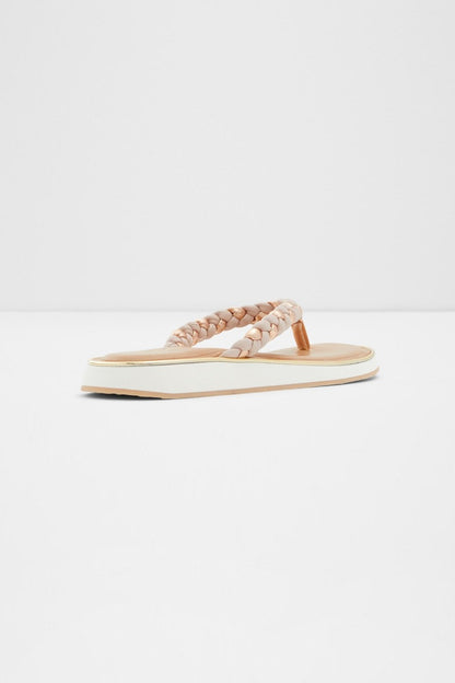 ALDO light pink braided thong sandals, side view, flat tan sole