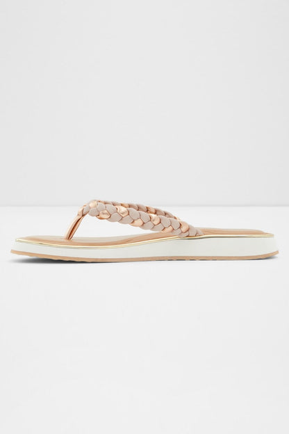 ALDO light pink braided thong sandals, front angle, flat tan sole