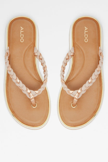 ALDO light pink braided thong sandals, pair view of tan footbeds