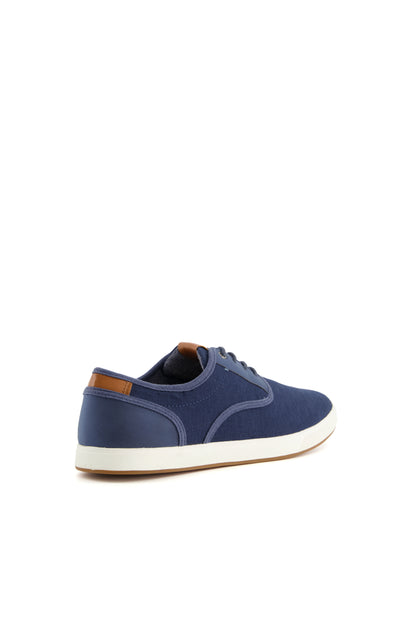 Dune London navy low-top sneaker with contrast orange heel tab