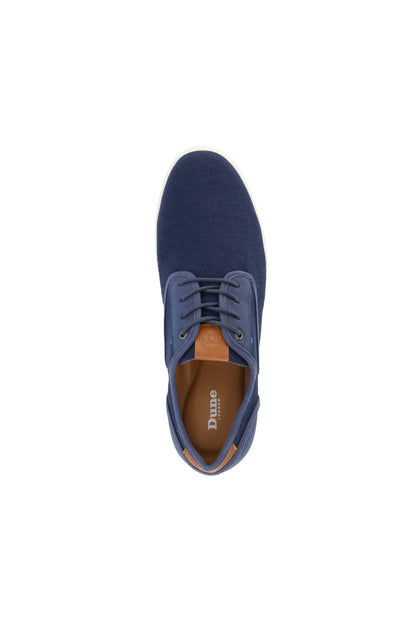 Dune London navy canvas lace-up sneaker with tan insole and cushioned collar
