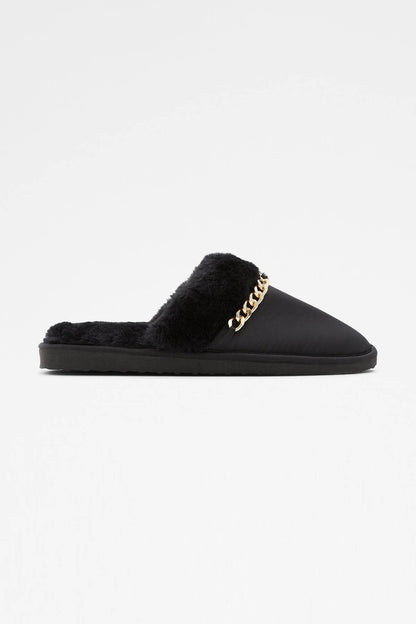 ALDO black faux-fur slide sandal with gold chain detail