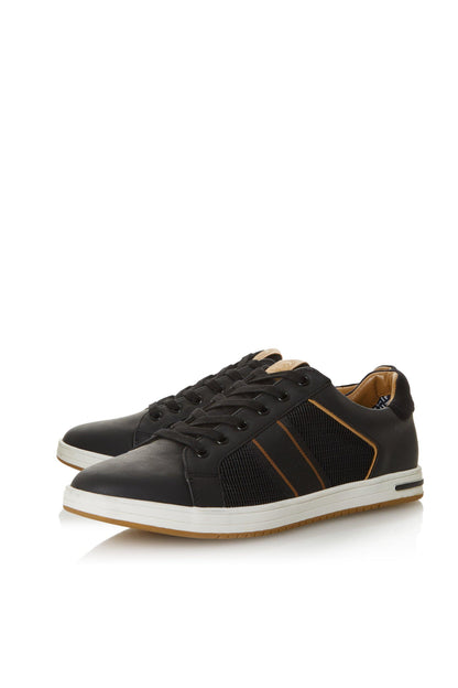 Black lace-up sneaker, side view with orange triple stripe and white rubber sole