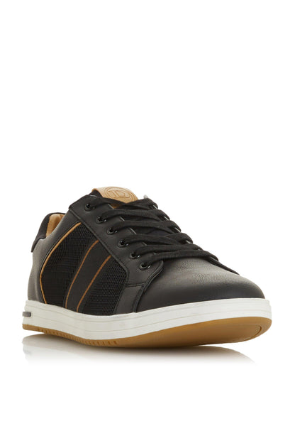 Black leather and mesh lace-up sneaker, front 3/4 view, orange stripe accents
