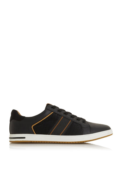 Black lace-up sneaker with black mesh side panels and orange stripe detail