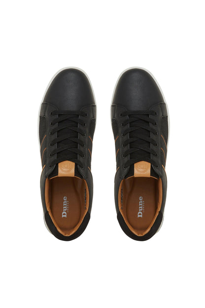 Black lace-up sneakers, pair front view, textured toe and black rubber sole