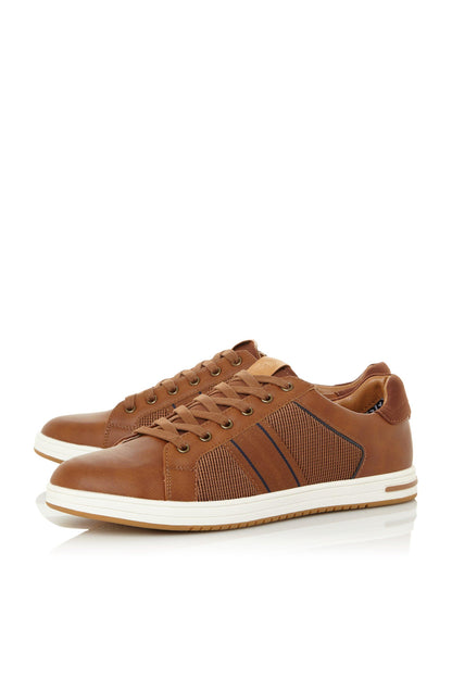 Tan lace-up sneaker, side view with mesh panel, white midsole and sole