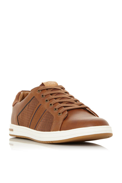 Brown tan lace-up sneaker with textured mesh upper, padded collar, white sole