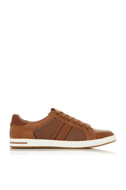 Tan leather lace-up sneaker with mesh side panel and white rubber sole