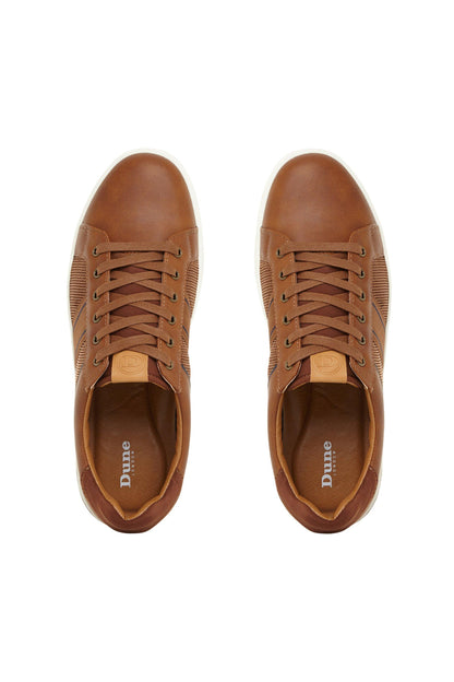 Tan lace-up sneakers, pair view with brown uppers and Dune logo on tongue