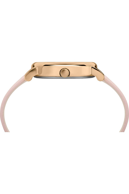 TIMEX watch case view with pink leather-look band and gold-tone clasp hardware