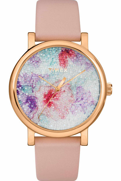 TIMEX round quartz watch with pink strap, gold-tone bezel, and multicolor speckled dial
