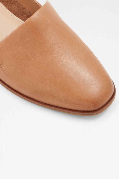 ALDO cognac leather loafer toe detail, seam and textured upper