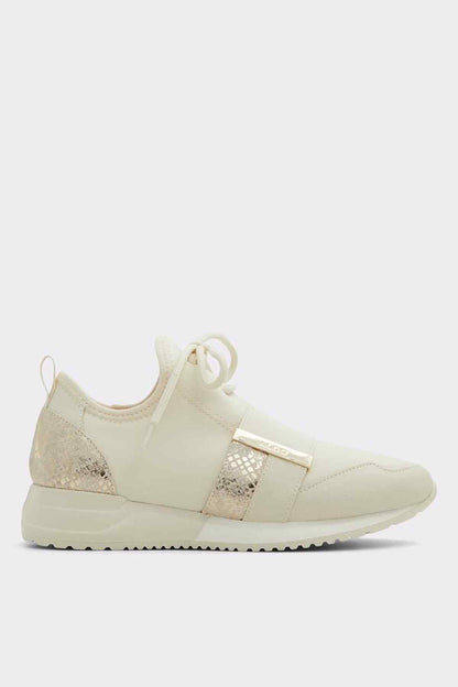 Cream lace-up low-top sneaker with glitter side panel and strap detail