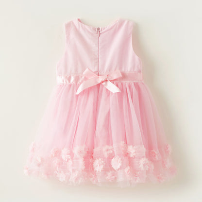 Pink sleeveless baby dress with waist bow and layered tulle floral skirt