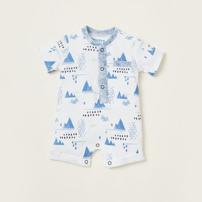 Short-sleeve baby romper, white with blue mountain print and snap front