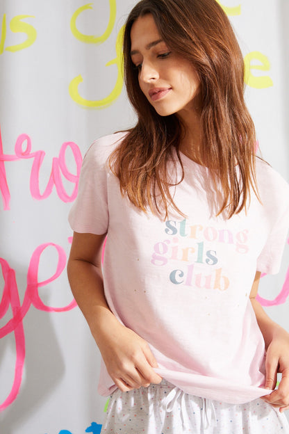 Light pink crew-neck short-sleeve T-shirt with 'Strong Girls Club' print