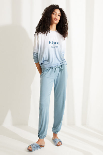 Women'secret light blue pajama top with 'blue dawn' print and drawstring jogger pants