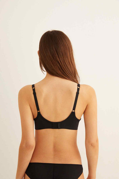 Black bra back view with adjustable thin straps and smooth cups