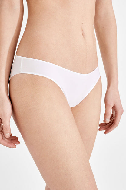 White bikini-cut lingerie briefs with wide elastic waistband