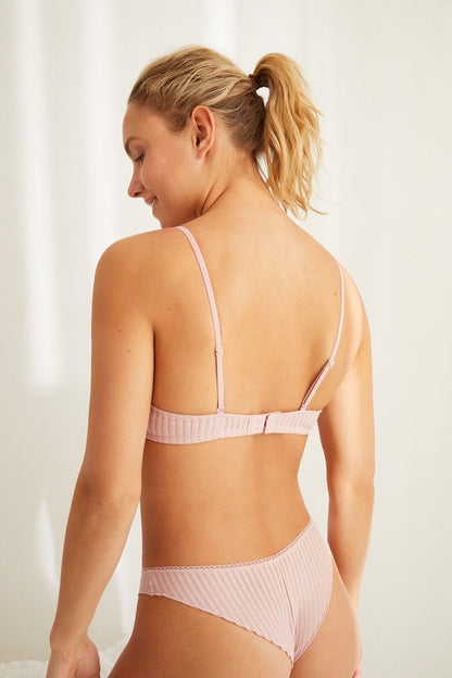 Pink ribbed lingerie bra back view with lace trim and adjustable straps