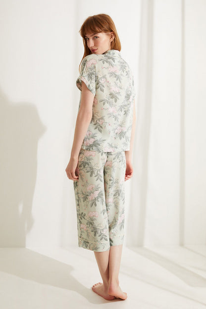 Botanical print pajama set, short-sleeve top with matching knee-length shorts