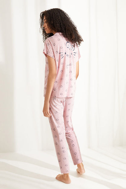 Women'secret pink pajama set with short-sleeve top and matching long pants