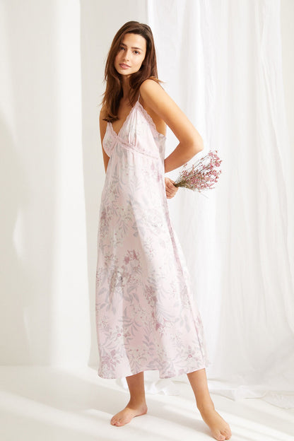 Women'secret light pink lace-trim satin slip dress, spaghetti straps, midi length