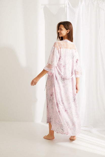 Pink printed nightdress with lace-trim back and flowing wide sleeves
