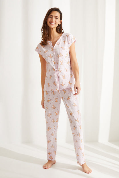 Women'secret pink printed pajama set, short-sleeve top and long pants