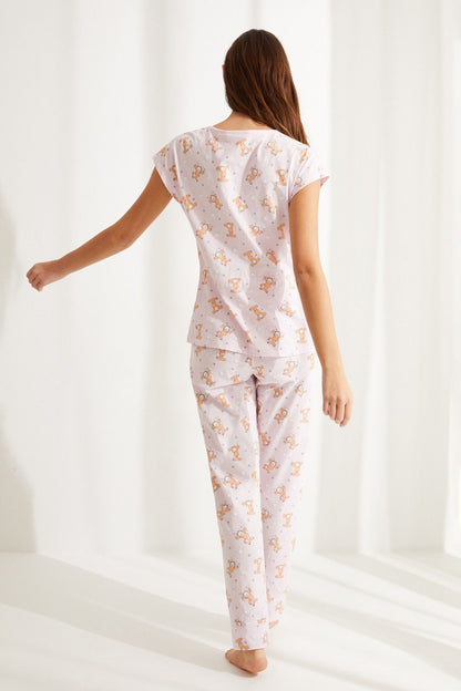 Women'secret pink printed pajama set, back view with short sleeves and long pants