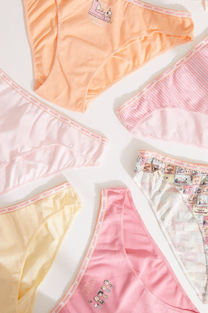 Women'secret underwear briefs set in peach, pink, cream, and white with cartoon patches