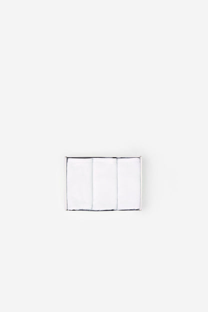 Folded set of white underwear briefs in a rectangular package