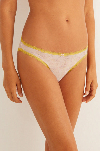 Women'secret bikini briefs with yellow lace trim, light pink front bow
