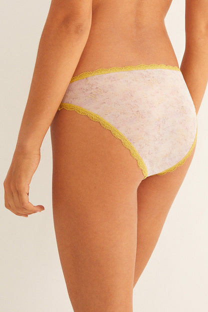 Women'secret bikini briefs with yellow lace trim, light pink lace waistband
