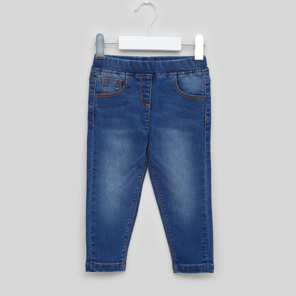 Blue denim jeans for baby with straight legs and orange topstitching