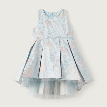 Sleeveless baby dress, light blue floral print with pink panels and layered tulle hem