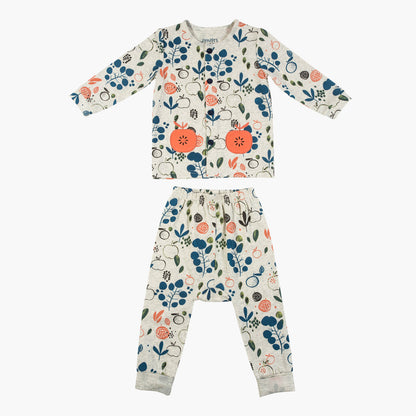 Kids long-sleeve shirt and pant set, multicolor woodland print, full front view