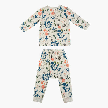 Kids long-sleeve shirt and pant set, multicolor woodland print, rear top view
